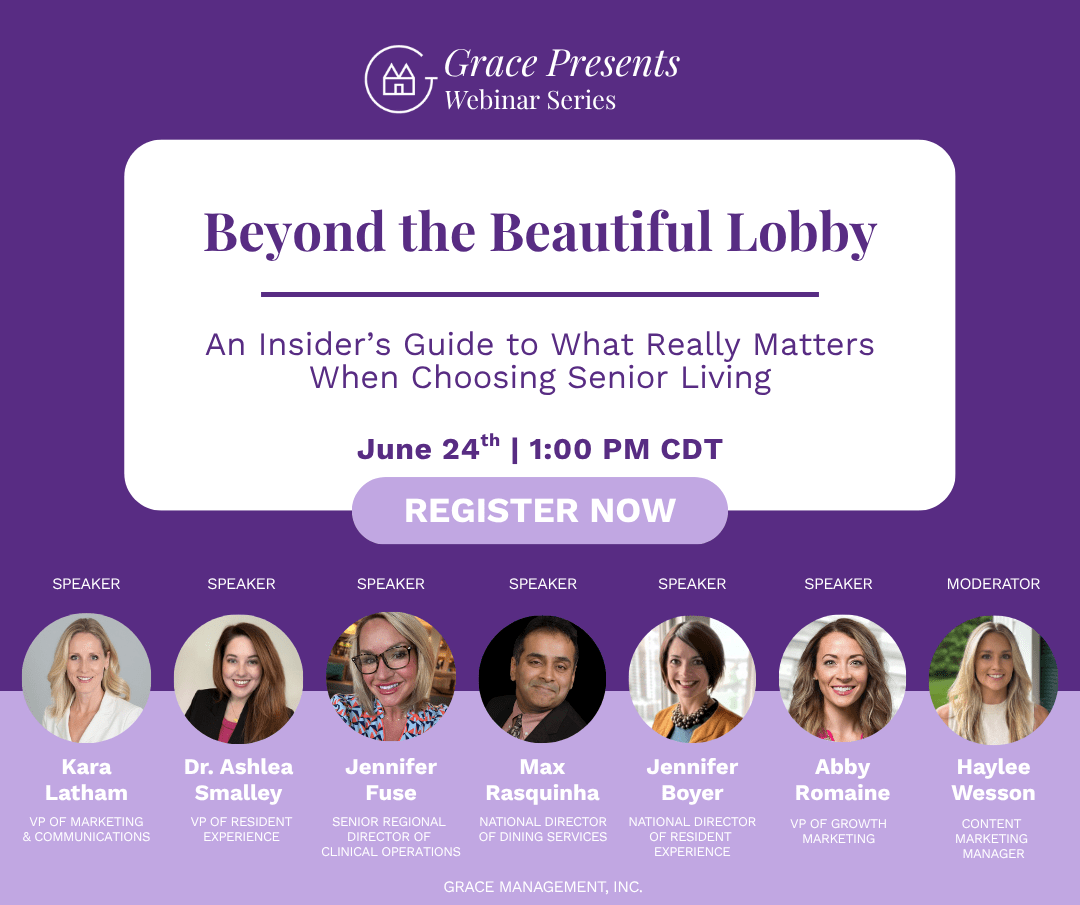 Promotional banner for Grace Presents webinar: 'Beyond the Beautiful Lobby' with date June 24, 1:00 PM CDT and a 'Register Now' button.